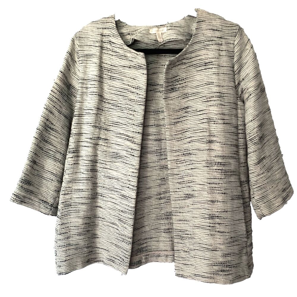 Eileen Fisher Tweed Blazer Medium Cream Black Open Front Cotton Organic Office
